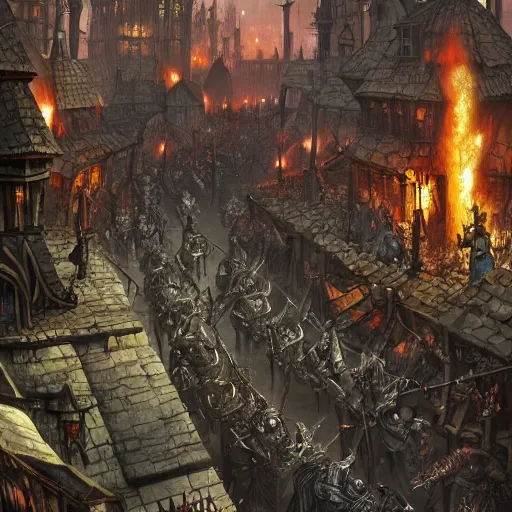 Prompt: dystopic medieval fantasy city, crowded streets, warhammer fantasy, rats