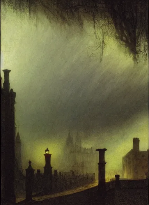 Image similar to 1 9 th century london, shady alleys, pub, thick fog, art by caspar david friedrich, thomas lawrence, john martin