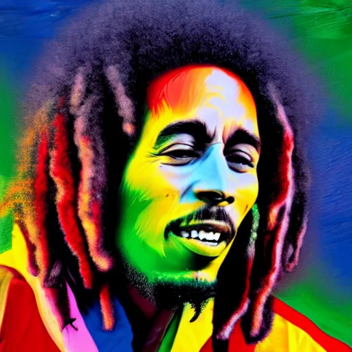 Prompt: colour masterpiece surreal closeup portrait photography of bob marley, highly detailed pop art, weird surreal epic psychedelic complex biomorphic 3 d fractal landscape, 8 k