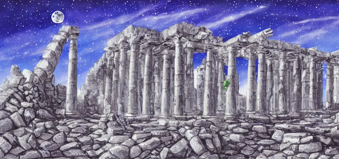 Image similar to The ruins of the Silver Millennium on the moon from Sailor Moon, digital painting, Earth in the distance, Greek-esque columns and ruins