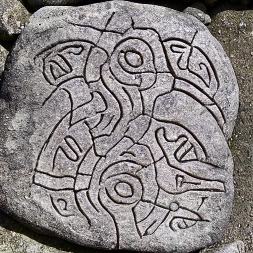 Prompt: ancient nord, photo of stone carved with intricate runes