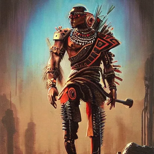 Prompt: aztec cyberpunk warrior with cool armor and tattoos, cyberpunk 2 0 7 7 and beksinski style painting