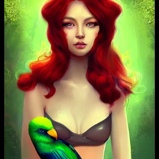 Prompt: a beautiful stunning fantasy whimsical matte digital portrait illustration of a pretty woman with bright green eyes and red hair with her green pet bird, in the style of Ross Tran, trending on artstation, contest winner