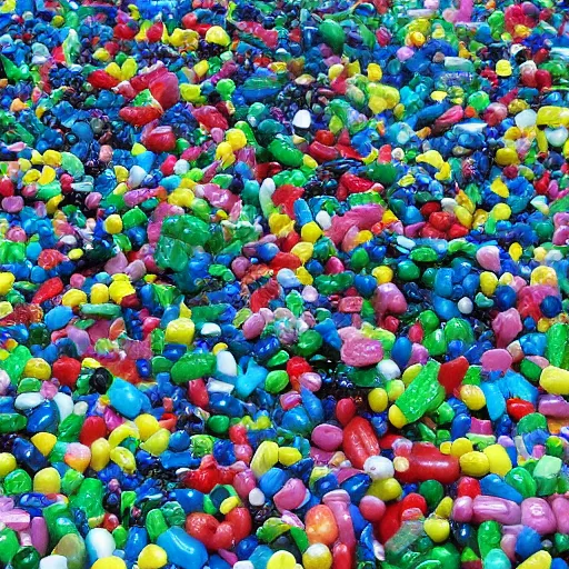 Image similar to Lego City overrun by thousands of jelly beans, old collection, verisimilitudinous