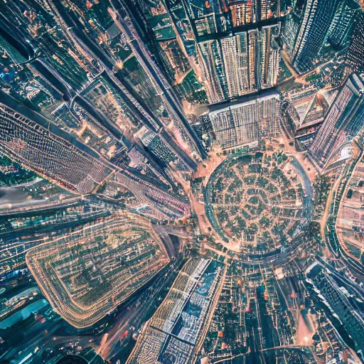 Prompt: birds eye view of a city that looks like a circuit board, 4 k, photorealistic, aerial photography, drone footage