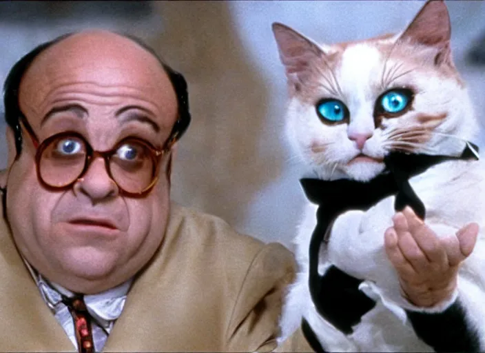 Prompt: film still of Danny Devito as Mr Mistoffelees in Cats movie, 4k