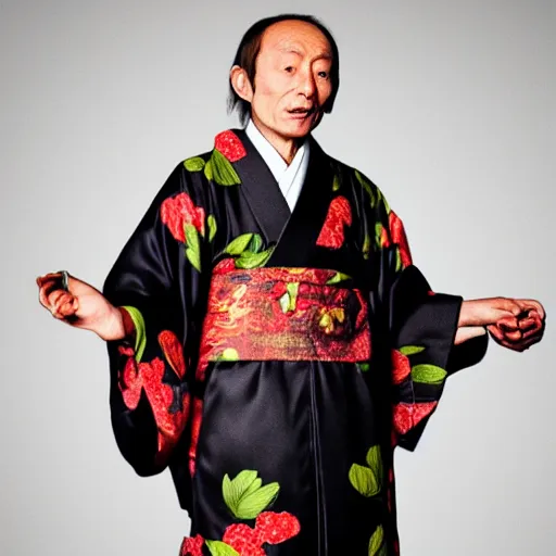 Prompt: Japanese Michel Houellebecq wearing kimono, realistic, photo studio, HDR, 8k, trending on artstation