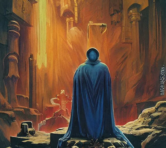 Prompt: robed cyberpunk cultist worshipping at an altar of an ancient god by frank frazetta and bosch, colorful digital art, serious painting, very detailed