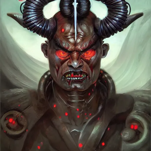 Image similar to portrait, cyberpunk japanese oni demon with horns, stern expression, long hair, highly detailed, digital painting, artstation, concept art, smooth, sharp focus, illustration, artgerm, tomasz alen kopera, peter mohrbacher, donato giancola, joseph christian leyendecker, wlop, frank frazetta