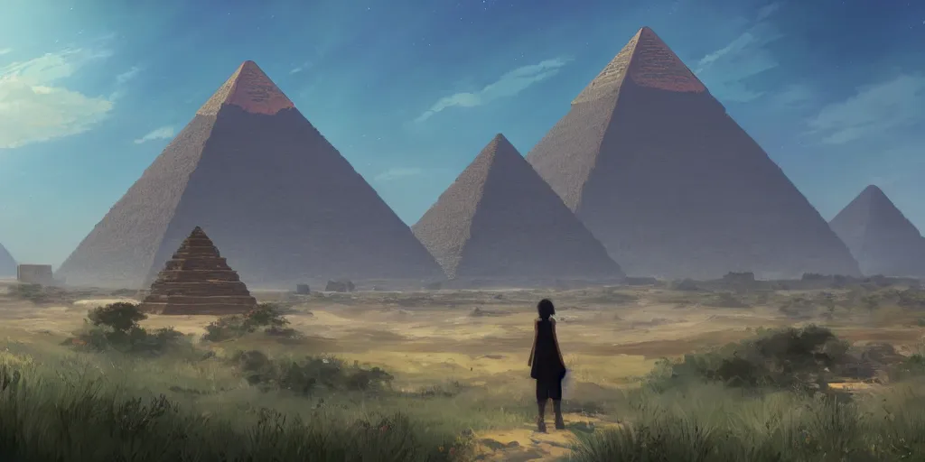 Image similar to a stunning dresert landscape with a pyramid in the distance by makoto shinkai