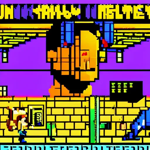 Prompt: beautiful still from retro snes arcade game featuring gene kelly demanding a refund on undercooked overpriced dinosaur steak in downtown dive bar bistro, hyperreal detailed facial features and uv lighting, retro nintendo bitmap pixel art