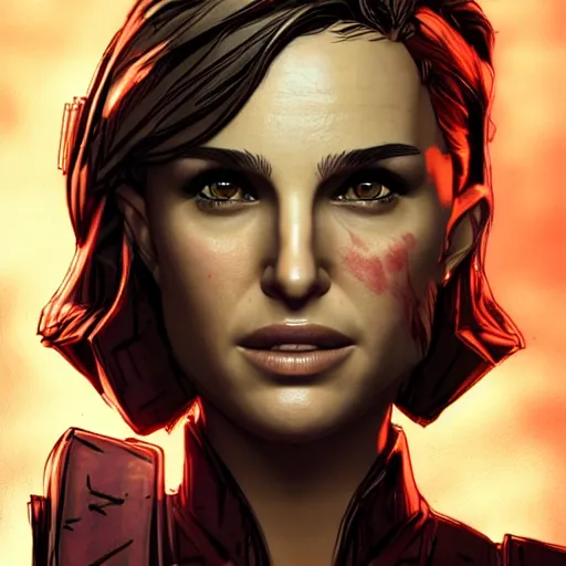 Image similar to natalie portman portrait, borderlands, tales from the borderlands, the wolf among us, comic, cinematic lighting, studio quality, 8 k