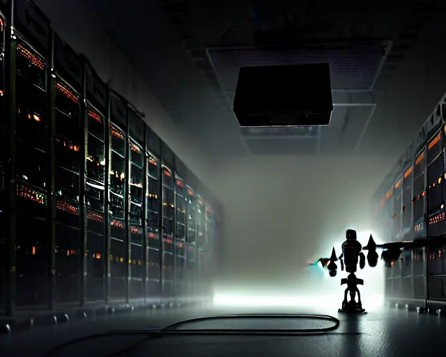 Image similar to gloomy colossal ruined server room in datacenter robot figure automata headless drone robot knight welder posing pacing fixing soldering mono sharp focus, emitting diodes, smoke, artillery, sparks, racks, system unit, motherboard, by pascal blanche rutkowski artstation hyperrealism cinematic dramatic painting concept art of detailed character design matte painting, 4 k resolution blade runner