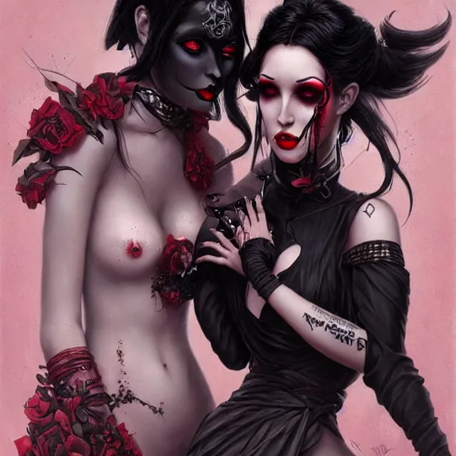 Prompt: two beautiful goth girls fighting slavery cosplay with black hair in fully tattooed body and clothes fully on, big red lips, black eye makeup, art by gennady ulybin and wlop and stanley lau and artgem and magali villeneuve and karol bak, trending on artstation