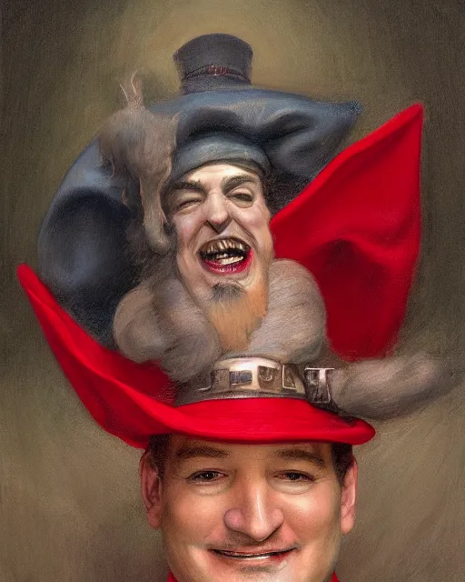 Image similar to closeup portrait of whimsical conniving ted cruz wearing a red maga cap, court jester in renaissance era,, masterpiece, by donato giancola and greg rutkowski and wayne barlow and zdzisław beksinski, high contrast, realistic face