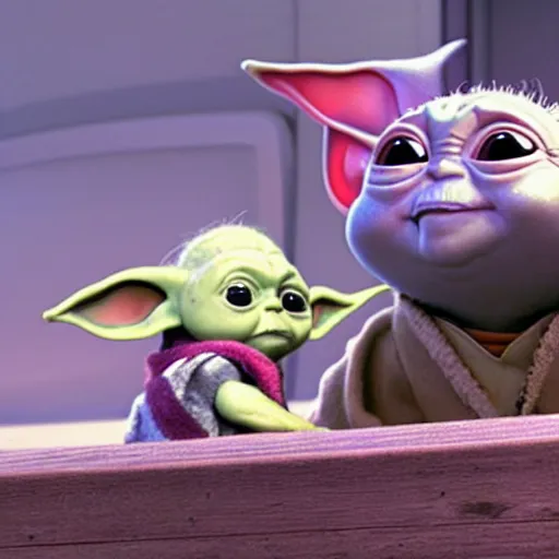 Prompt: baby yoda plays with friends and eats a bug in Pixar\'s movie Toy Story.