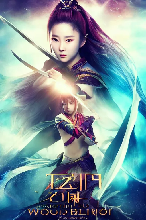 Image similar to beautiful cinematic fantasy poster, wuxia sword dance heroine, beautiful glowing galaxy eyes, hybrid from Dynasty Warriror and art direction by tian zi, WLOP, Darius Zawadzki cinematic quality character render; low angle; ultra high quality model; production quality cinema model;