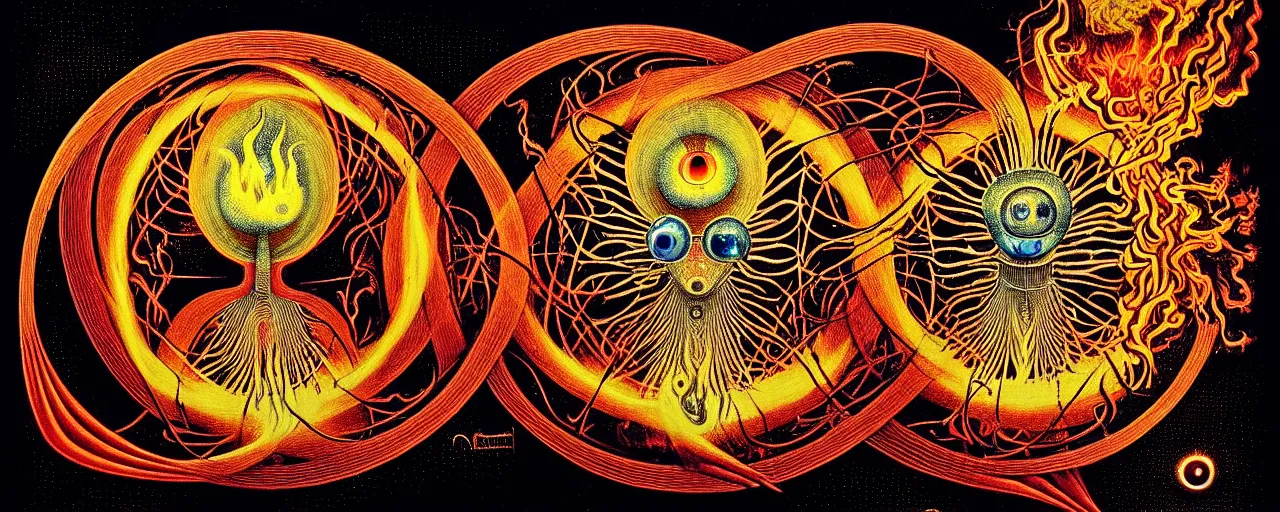 Image similar to a strange fire creature with endearing eyes radiates a unique canto'as above so below'while being ignited by the spirit of haeckel and robert fludd, breakthrough is iminent, glory be to the magic within, in honor of saturn, painted by ronny khalil