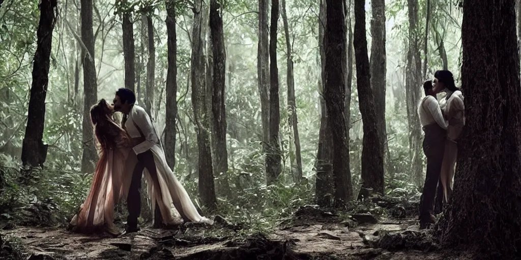 Prompt: kareena kapoor and arjun rampal kissing in a forest, natural lighting, hyper detailed, photographic, cinematic lighting, studio quality.