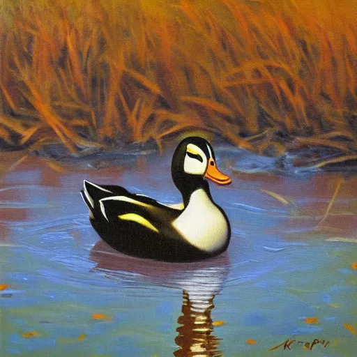 Prompt: a duck on the prowl oil painting alfred freddy krupa