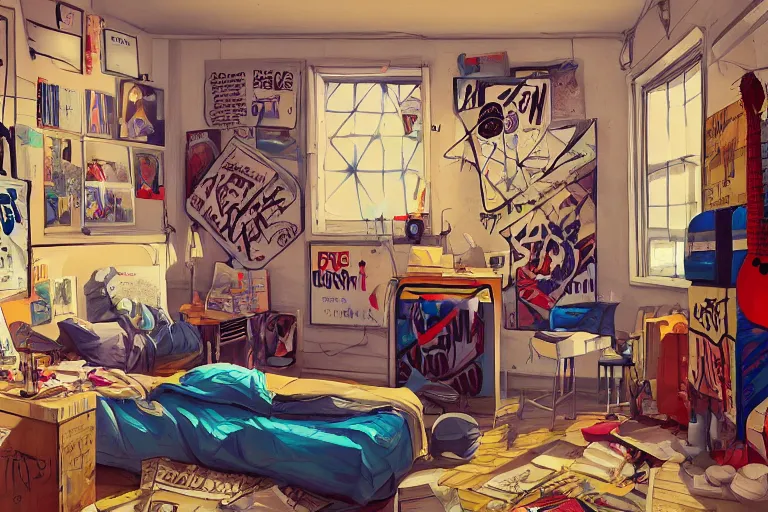 Image similar to a room of an american teen, graffiti and posters on the wall, bed, guitar, bright, the sun shines in, warm, cozy, isometric art, bright, artstation, highly detailed, cinematic lighting + masterpiece