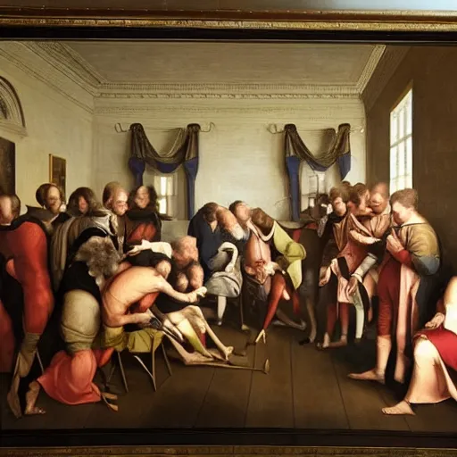 Image similar to hook nosed people plotting bad things inside white house, renaissance painting