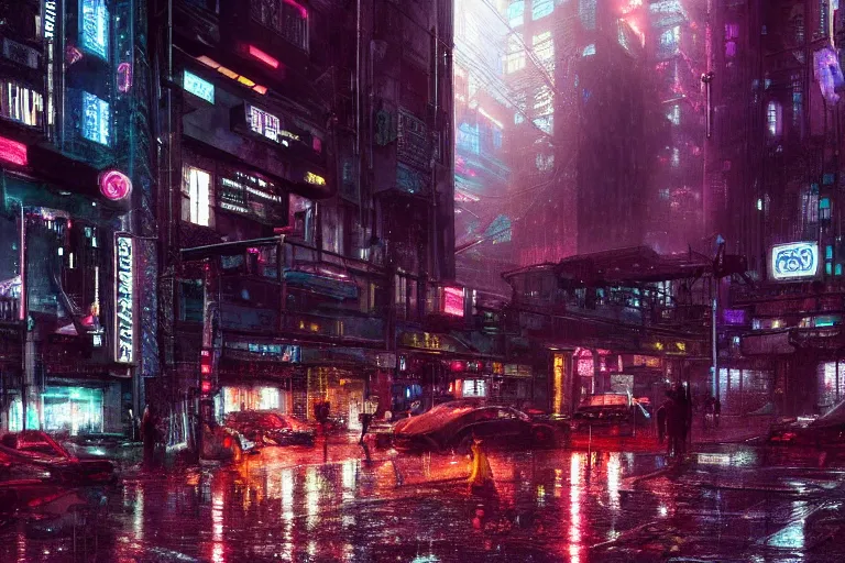 Image similar to a brutalist cyberpunk city street at night, raily season, very wet, neon lights and adds, architecture, a realistic digital painting by greg rutkowski and james gurney, trending on artstation, very highly detailed, 8 k