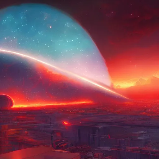 Prompt: A comet on fire approaching earth, red sunset, futuristic city, extra detailed, digital illustration, by Makoto Shinkai and thomas kinkade, digital painting, Matte painting, trending on artstation and unreal engine