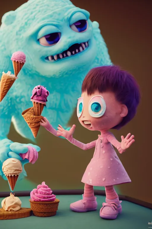 Prompt: Ice Cream monster, isometric 3d, ultra hd, character design by Mark Ryden and Pixar and Hayao Miyazaki, unreal 5, DAZ, hyperrealistic, octane render, cosplay, RPG portrait, dynamic lighting, intricate detail, summer vibrancy, cinematic