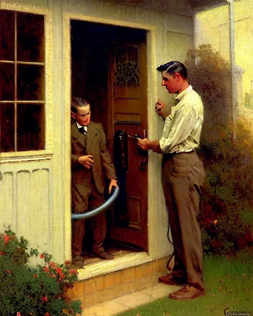 Image similar to handsome man selling vacuum cleaners door to door in a suburban neighborhood 1 9 3 2, melancholy, nostalgia, painting by gaston bussiere, craig mullins, j. c. leyendecker