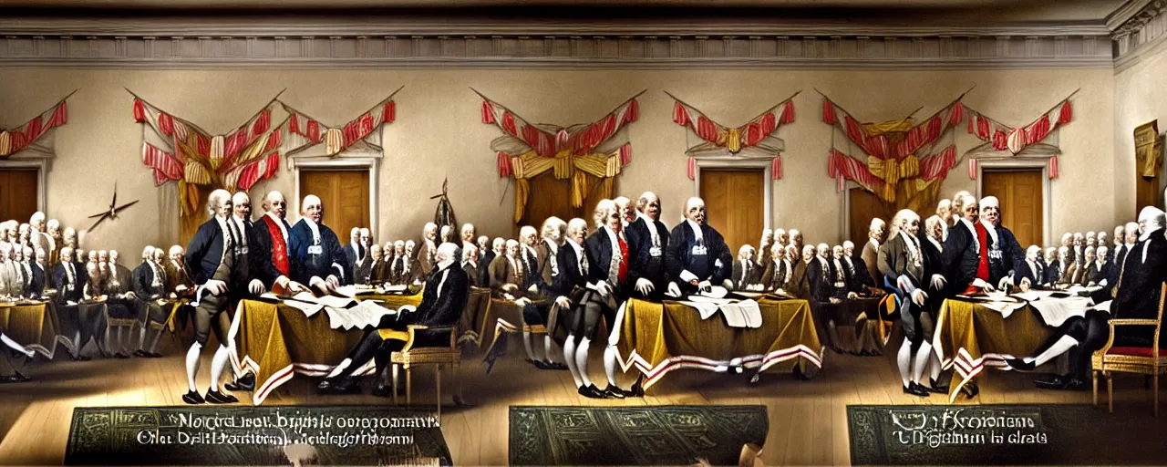 Image similar to the signing of the us declaration of independence, using spaghetti, small details, intricate, canon 8 0 mm, cinematic lighting, wes anderson film, kodachrome