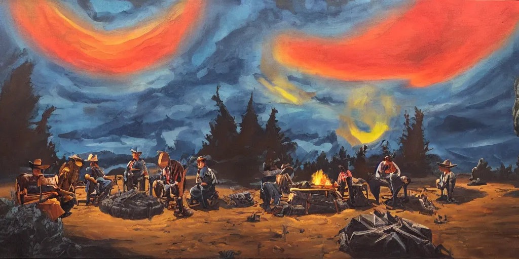 Prompt: retro future, western landscape, cowboys sitting around a campfire telling stories, alien sky, oil paint on canvas