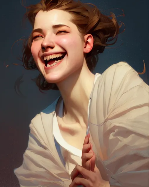 Image similar to portrait of megan laughing, intricate, headshot, highly detailed, digital painting, artstation, concept art, sharp focus, cinematic lighting, illustration, art by artgerm and greg rutkowski, alphonse mucha, cgsociety