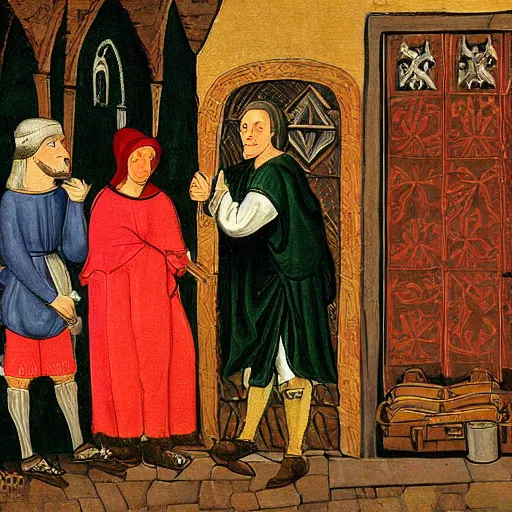 Prompt: a medival painting of a begger begging with a rich man on the streets of a medival town.