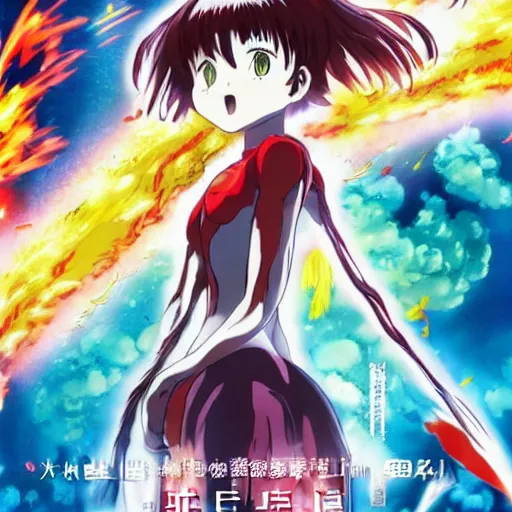 Image similar to incredibly powerful Anime Girl, created by Hideaki Anno + Katsuhiro Otomo +Rumiko Takahashi, Movie poster style, box office hit, a masterpiece of storytelling, main character center focus, monsters + mech creatures locked in combat, nuclear explosions paint sky, highly detailed 8k