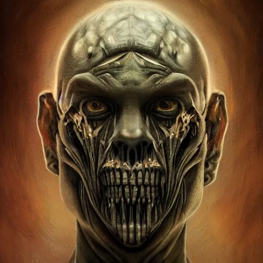 Image similar to surreal portrait of a man by Greg Rutkowski and H.R Giger, symmetrical face, biomechanical transhuman god, disturbing, terrifying but fascinating, with a determined and sinister expression on his face, cosmic void background, frightening, fascinating, highly detailed portrait, digital painting, book cover, artstation, concept art, smooth, sharp foccus ilustration, Artstation HQ