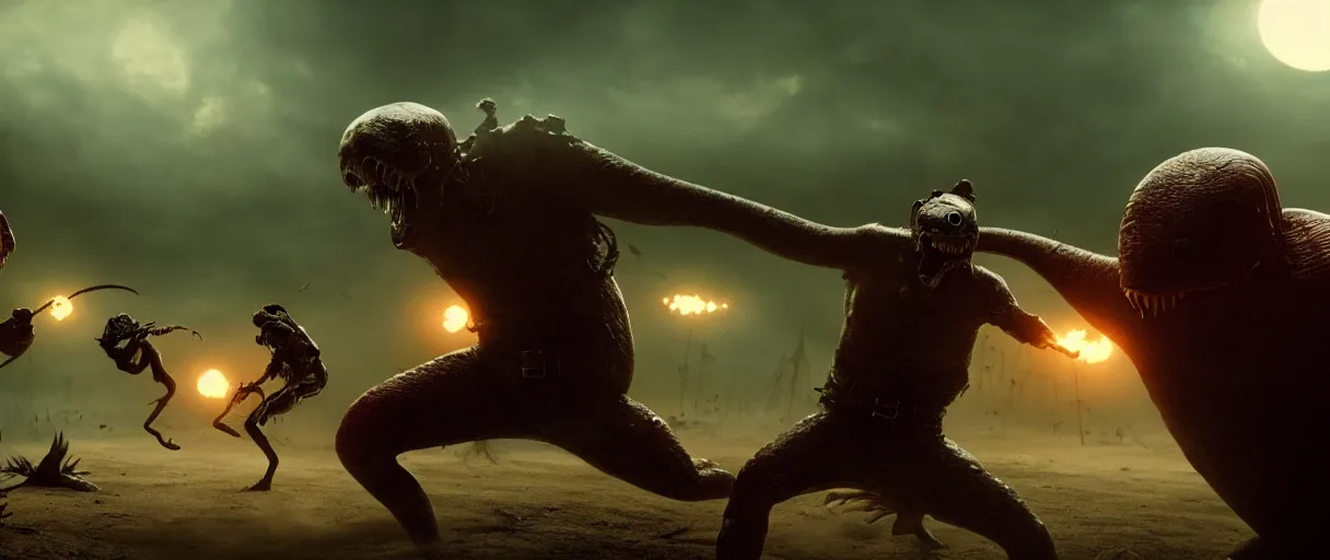 Prompt: pirates fighting giant screaming worm, cinematic atmosphere, maximized, high detail, 8k, ornate, dark fantasy, masterpiece, complex, film still from the movie directed by Denis Villeneuve