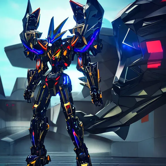 Prompt: cinematic full body shot, of stunning giant beautiful godlike quadrupedal mecha dragon, sharp sleek edged black armor, shining gold accents around the edges, sharp dragon mawshot, sleek OLED blue visor for eyes, sleek dragon legs, sharp metal claws, two massive wings that take up the frame, walking in busy neon city streets, epic shot, full body shot, paw shot, highly detailed art, sci fi, furry, 8k HD, 3D realistic, warframe fanart, destiny fanart, furry art, dragon art, feral art, macro art, furaffinity, DeviantArt, sofurry