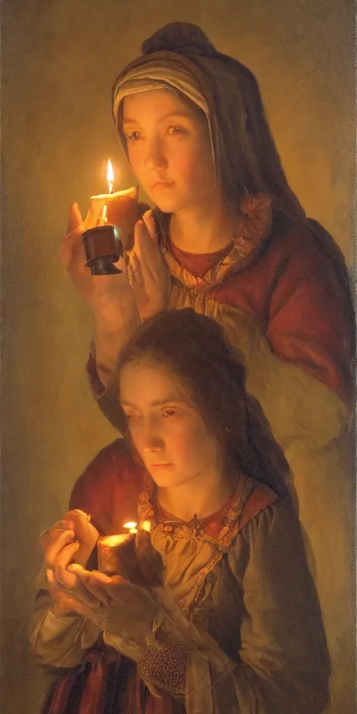 Image similar to Highly detailed and cinematic romantic period oil painting of a medieval peasant girl holding a candle, strong atmosphere, oil painting masterpiece by Josep Tapiró Baró, symmetry, fractals