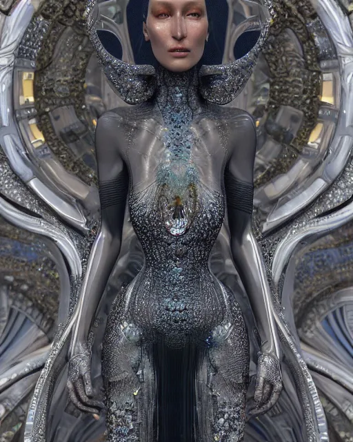 Prompt: a highly detailed metahuman 4 k close up render of an alien goddess bella hadid monument spider in iris van herpen dress schiaparelli in diamonds crystals swarovski and jewelry iridescent in style of alphonse mucha gustav klimt trending on artstation made in unreal engine 4