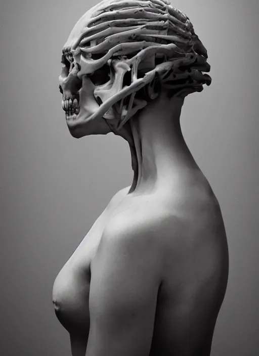 Prompt: a woman's face in profile, made of skeleton, in the style of the Dutch masters and Gregory Crewdson, dark and moody