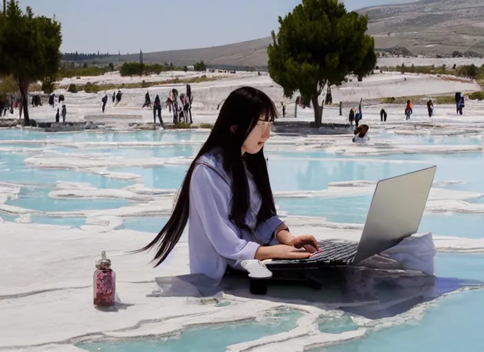 Image similar to Lee Jin-Eun hacking a laptop at Pamukkale by WLOP, rule of thirds, seductive look, beautiful, masterpiece, Refined