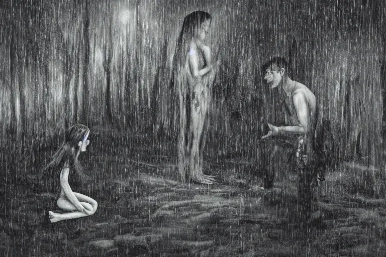 Prompt: a kidn talking with a macabre spiritual soul ghost in the middle of a rain forest at night, realistic, obscure, dramatic scene