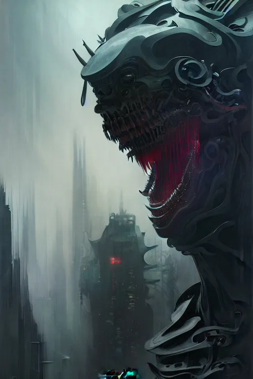 Image similar to dreamland of chinese, ghost, sharp, slender and densely arranged teeth, dystopian, cyberpunk, nanotech demonic monster, horror, mecha, ominous, flowing mucus, intricate, studio, art by anthony macbain + greg rutkowski + alphonse mucha, concept art, 4 k, sharp focus