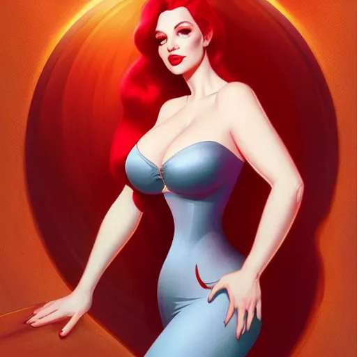 Prompt: Christina Hendricks as Jessica Rabbit singing in a lounge, intricate, cinematic lighting, highly detailed, digital painting, artstation, concept art, smooth, sharp focus, illustration, art by Artgerm and Greg Rutkowski and Alphonse Mucha