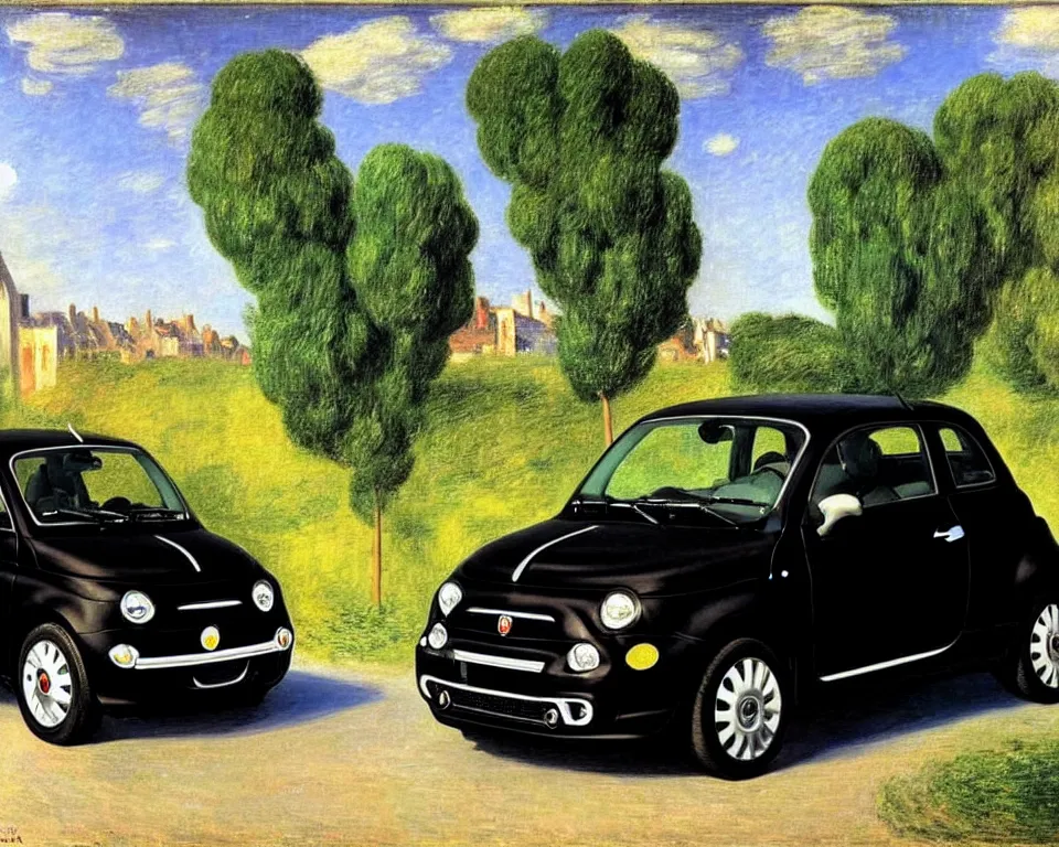 Prompt: achingly beautiful painting of a black 2 0 1 3 fiat 5 0 0 abarth by rene magritte, monet, and turner.