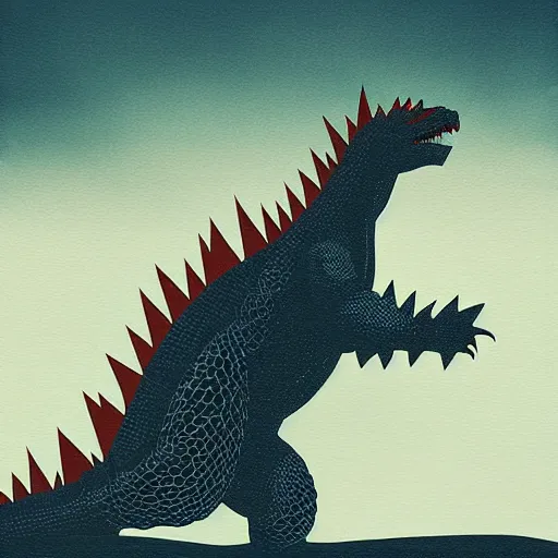 Image similar to godzilla print, cruzartz, variaciones de un espacio plastico, andy gilmore art, macroblank, 四 川 方 言 读 诵 版