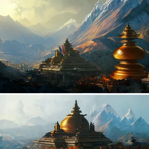 Image similar to ultra wide painting of nepal in year 2 0 7 7, ultra realistic, concept art, intricate details, eerie, highly detailed, photorealistic, octane render, 8 k, unreal engine. art by artgerm and greg rutkowski and alphonse mucha