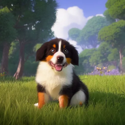 Prompt: a wholesome animation key shot of australian shepherd puppy, studio ghibli, pixar and disney animation, sharp, rendered in unreal engine 5, anime key art by greg rutkowski, bloom, dramatic lighting