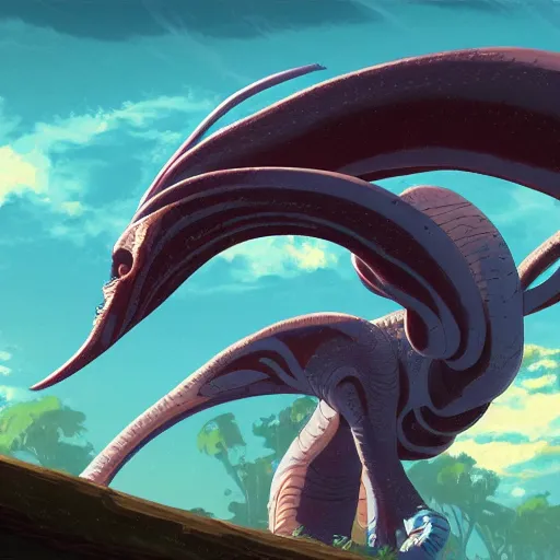 Image similar to concept art painting of an alien animal creature, detailed, cel shaded, in the style of makoto shinkai and moebius and james gurney